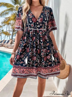 Informal Holiday Flower Pattern V-neck Short Sleeve Sundress