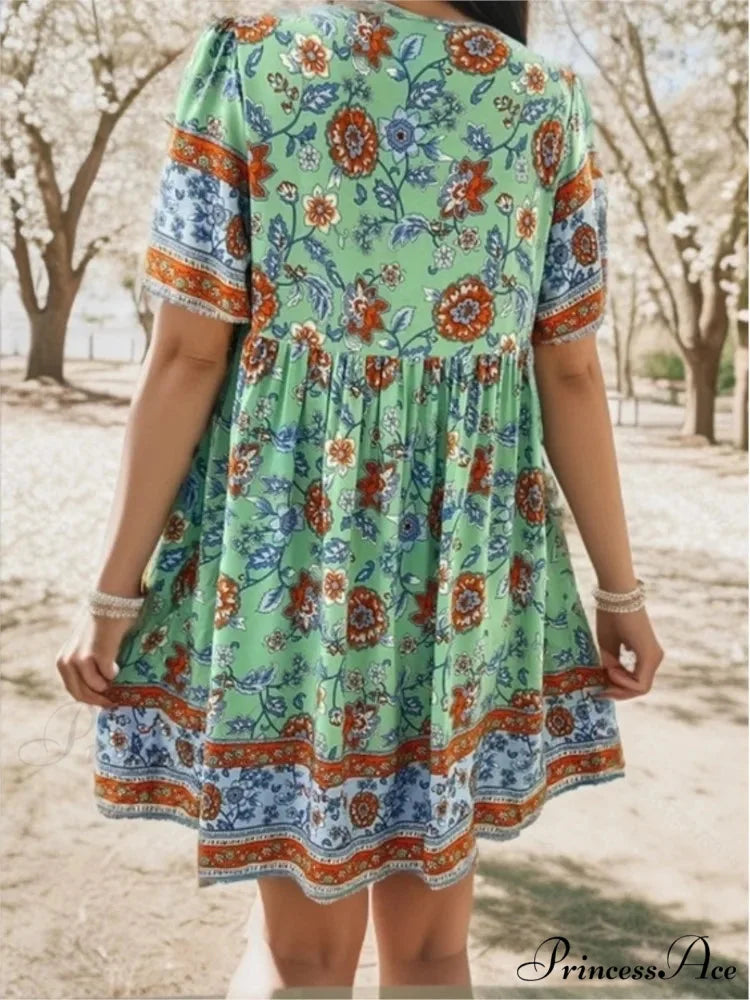Informal Holiday Flower Pattern V-neck Short Sleeve Sundress