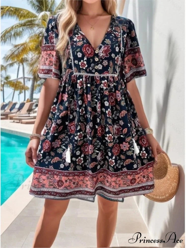 Informal Holiday Flower Pattern V-neck Short Sleeve Sundress