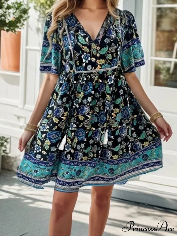 Informal Holiday Flower Pattern V-neck Short Sleeve Sundress