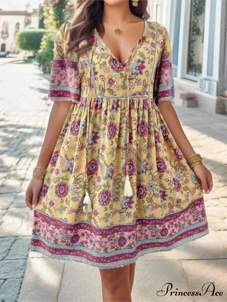 Informal Holiday Flower Pattern V-neck Short Sleeve Sundress