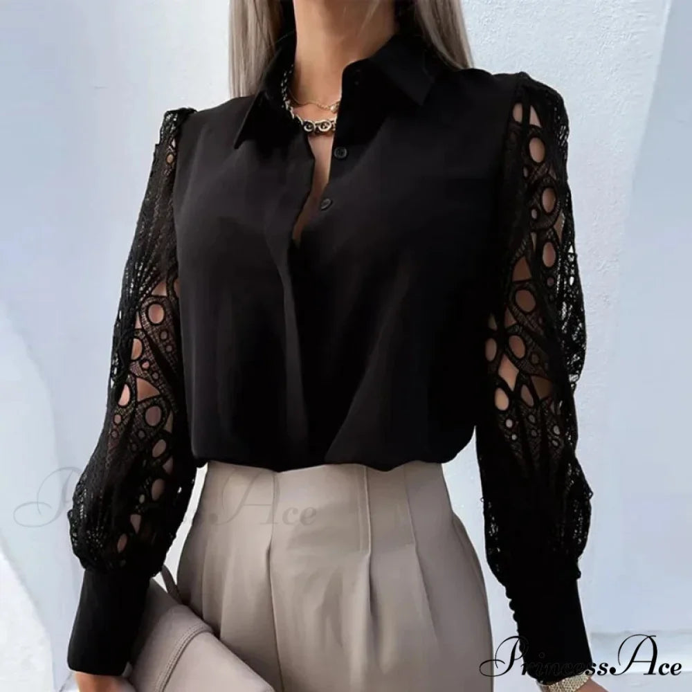 Informal Ivory Lace Hollowed-out Button Shirt