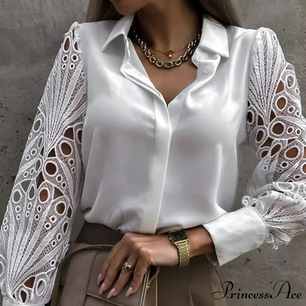 Informal Ivory Lace Hollowed-out Button Shirt