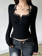 Informal Lace Trim Halter Slender Solid Square Neck Knit Top