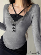 Informal Lace Trim Patchwork False 2 Piece Slim V-Neck Knit Top