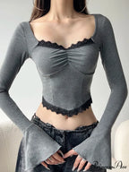 Informal Lace Trim Shortened Slim Square Neck Knit Top