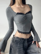 Informal Lace Trim Shortened Slim Square Neck Knit Top