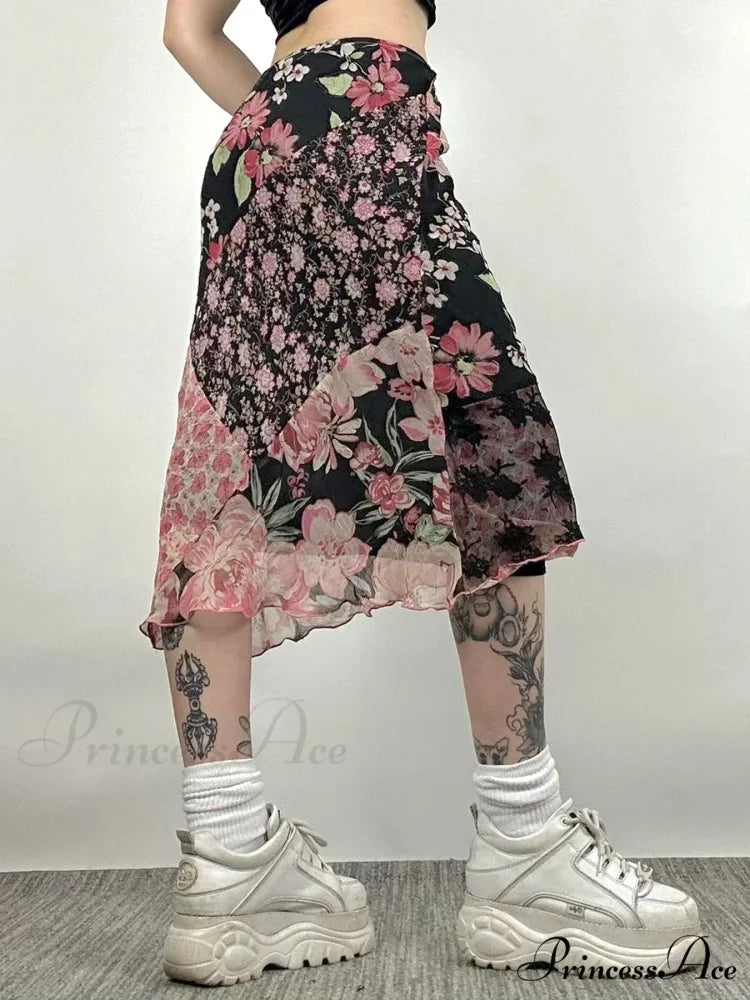 Informal Patchwork Flowery Straight Trim Mid-Rise Maxi Skirt Urban Wear