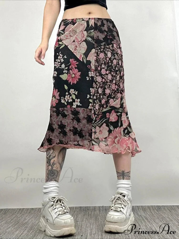 Informal Patchwork Flowery Straight Trim Mid-Rise Maxi Skirt Urban Wear