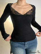 Informal Patchwork Lace Slender V-Neck Extended Sleeve Knit Top