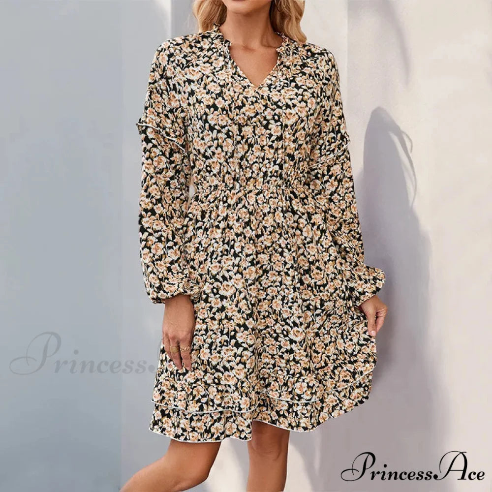 Informal Printed Extended Sleeve Flower Dress