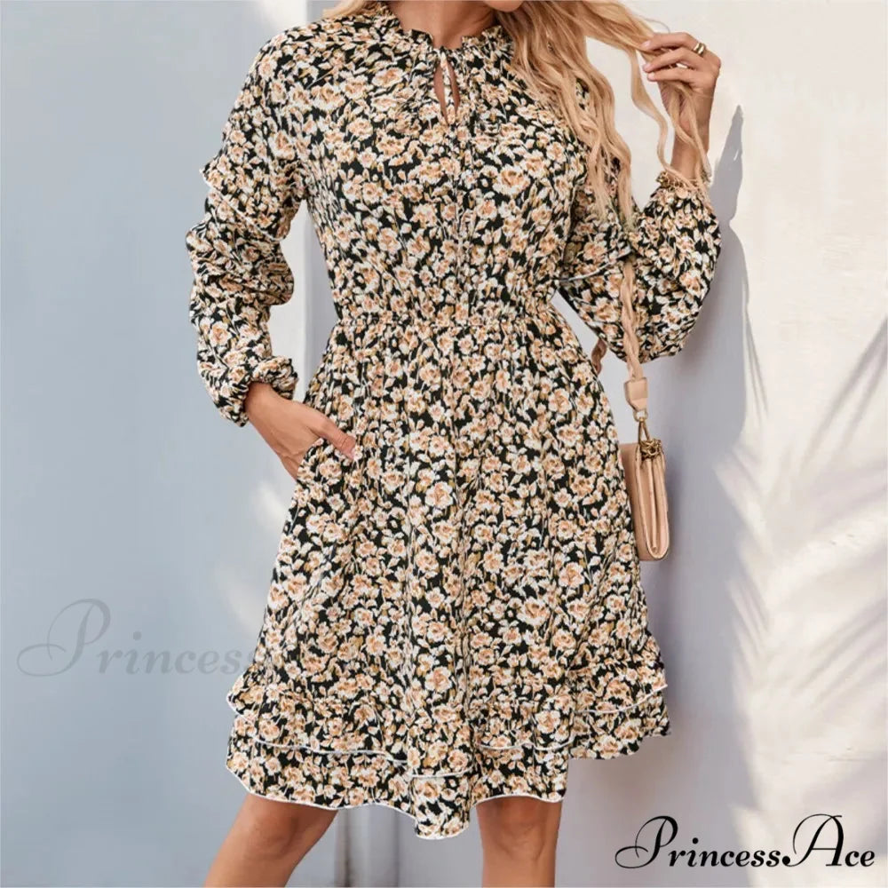 Informal Printed Extended Sleeve Flower Dress