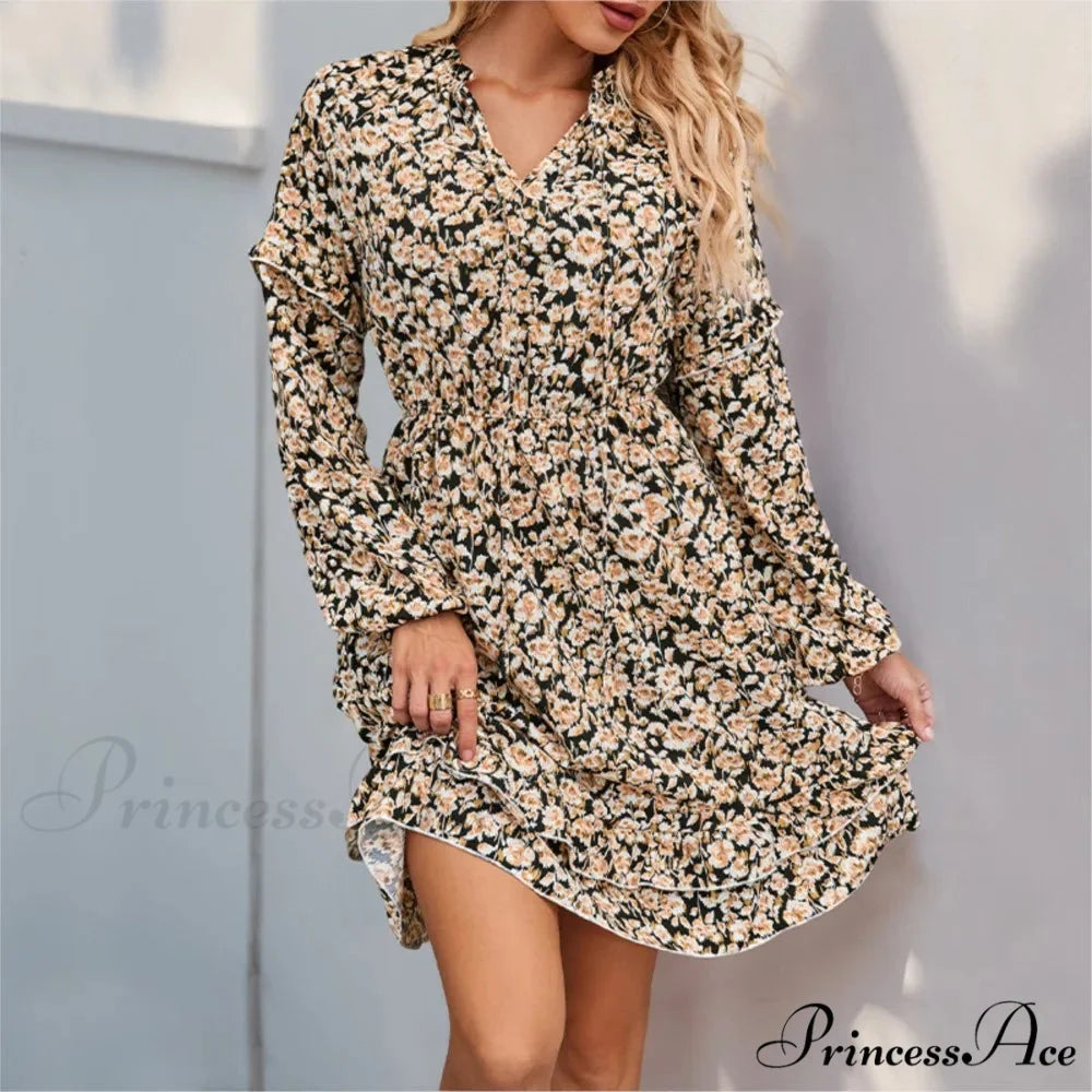 Informal Printed Extended Sleeve Flower Dress