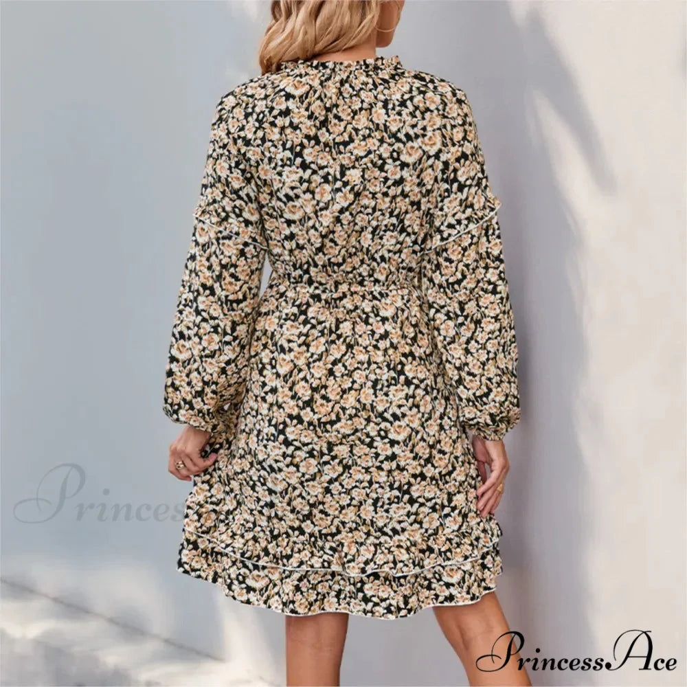 Informal Printed Extended Sleeve Flower Dress
