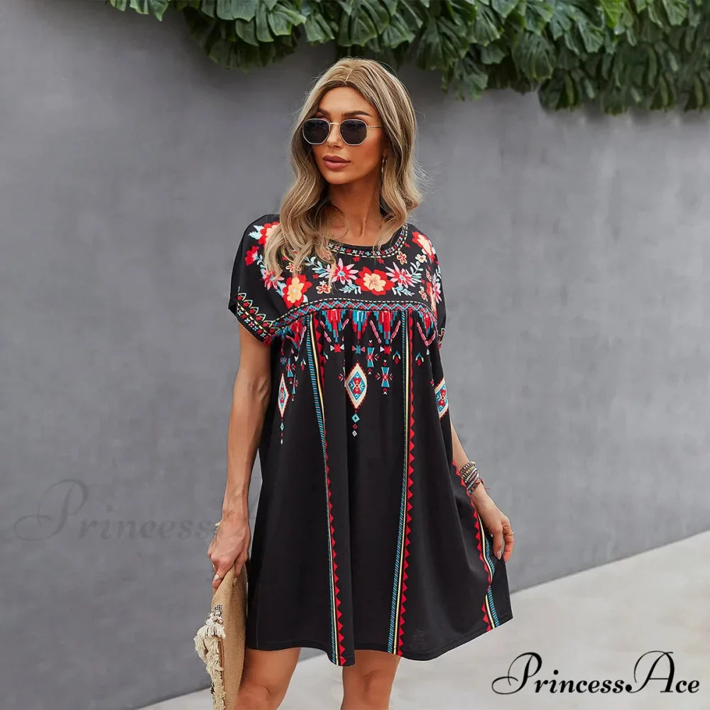 Informal round-neck Cotton Bohemian Dress