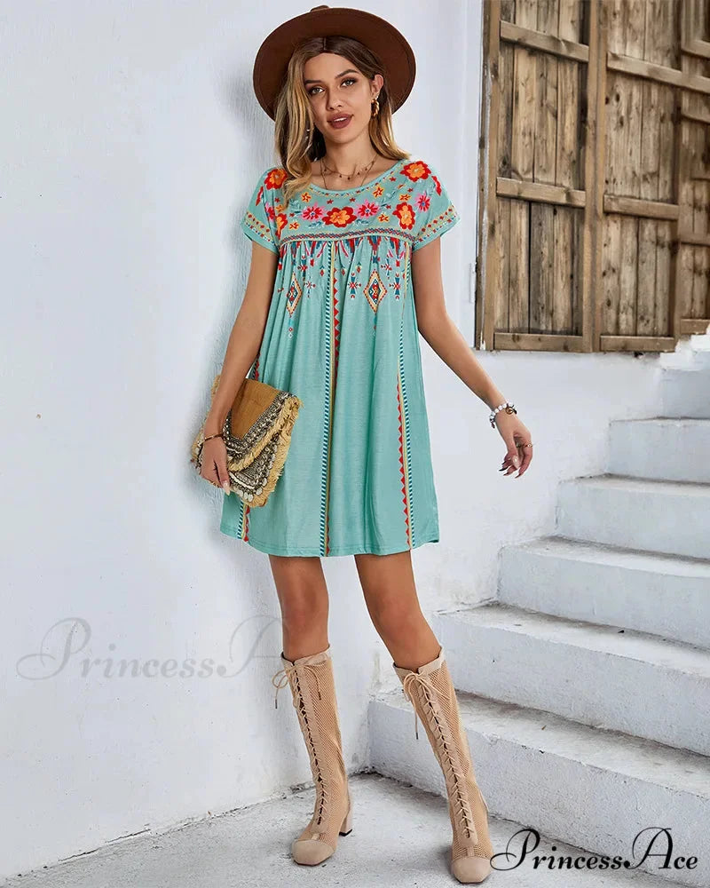 Informal round-neck Cotton Bohemian Dress