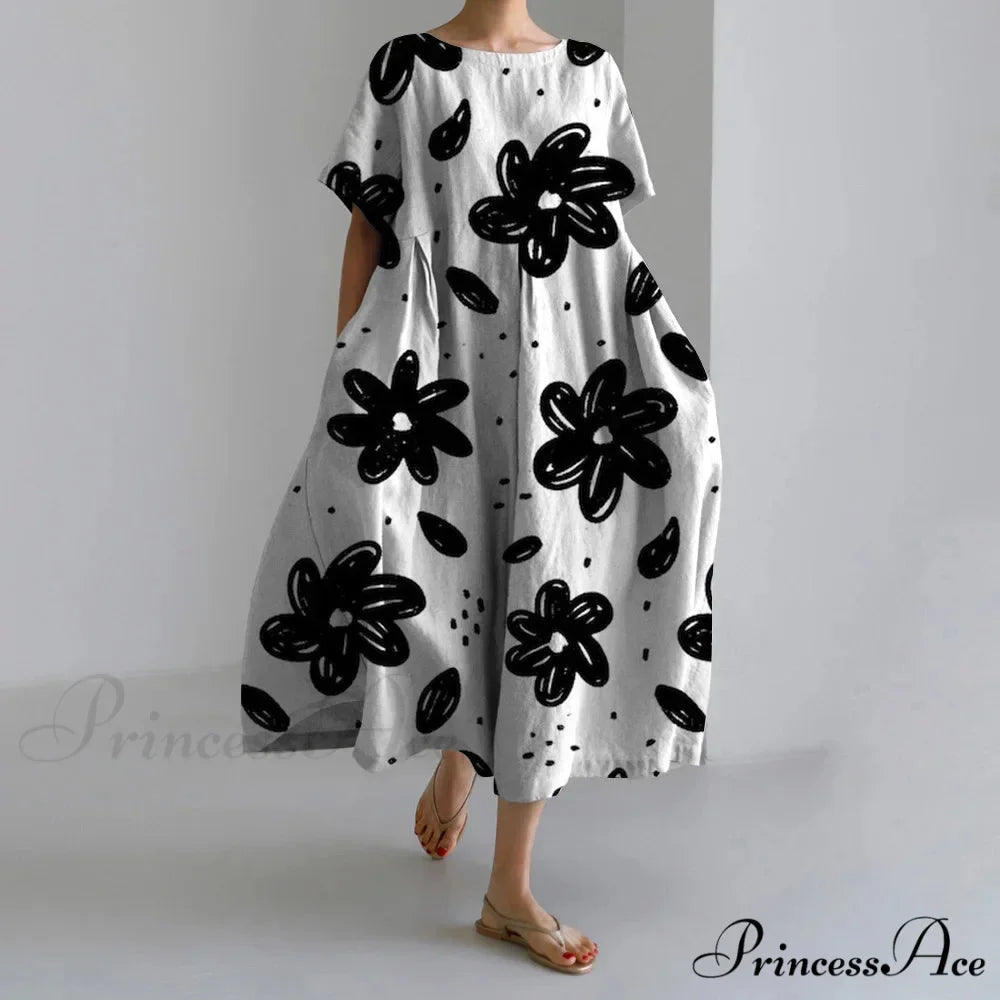Informal Round Neck Flower Pattern Baggy Long Summer Dress