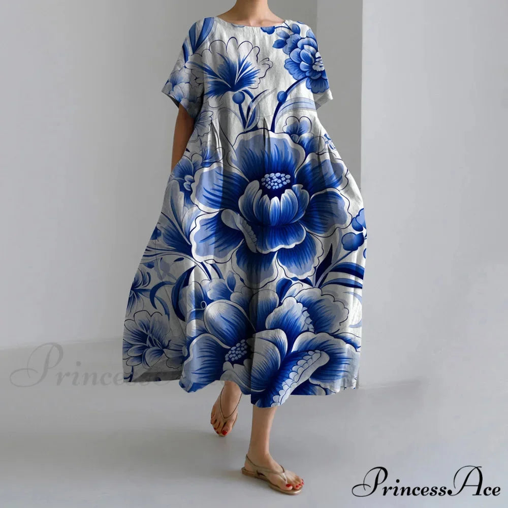 Informal Round Neck Flower Pattern Baggy Long Summer Dress