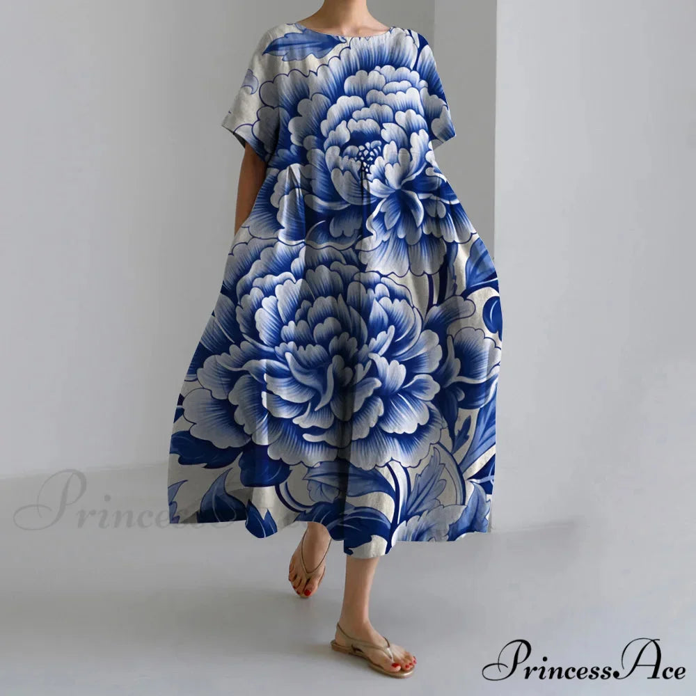 Informal Round Neck Flower Pattern Baggy Long Summer Dress