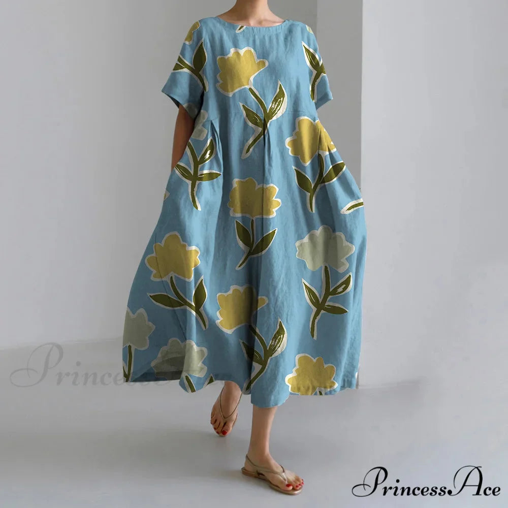 Informal Round Neck Flower Pattern Baggy Long Summer Dress