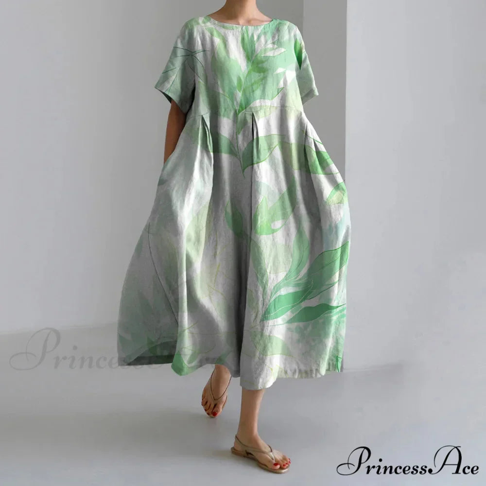 Informal Round Neck Flower Pattern Baggy Long Summer Dress