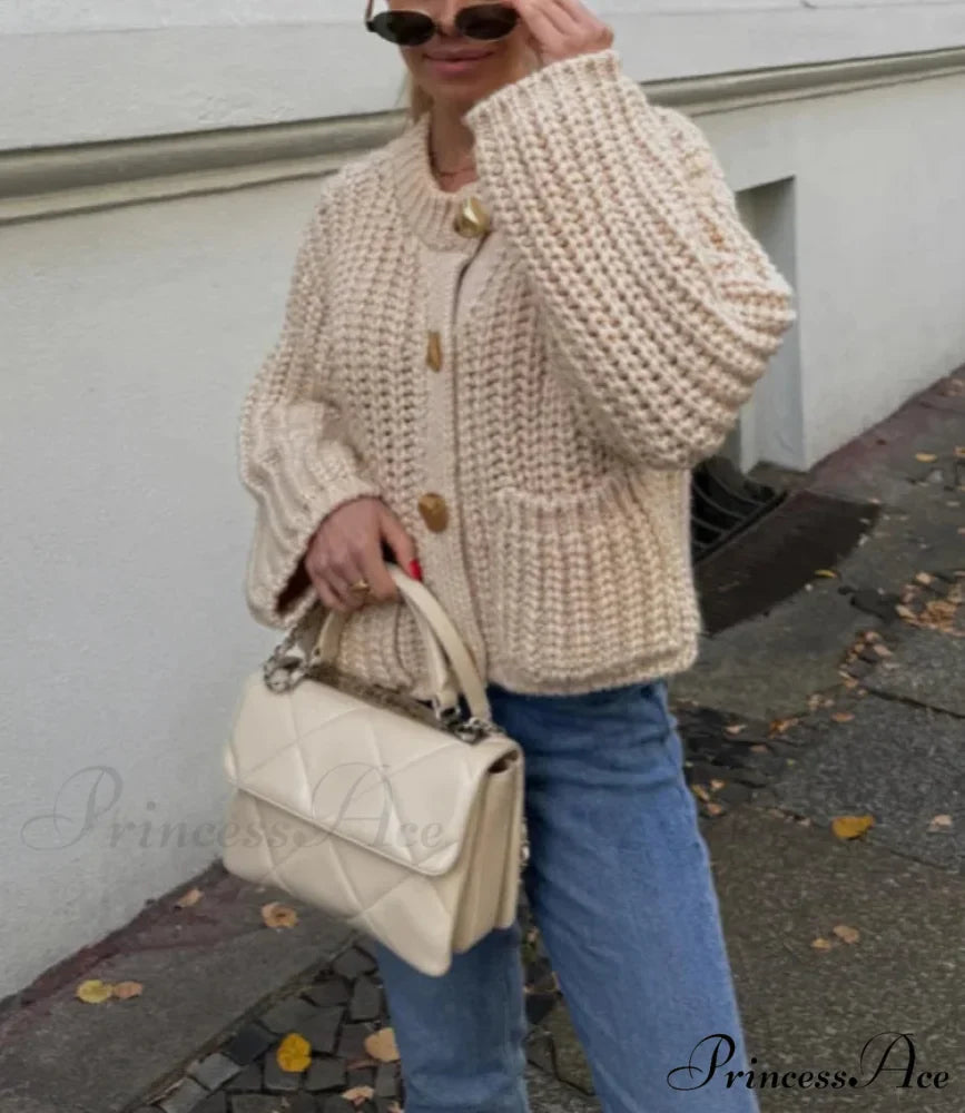 Informal Round Neck Lengthy Sleeve Pocket Cardigan