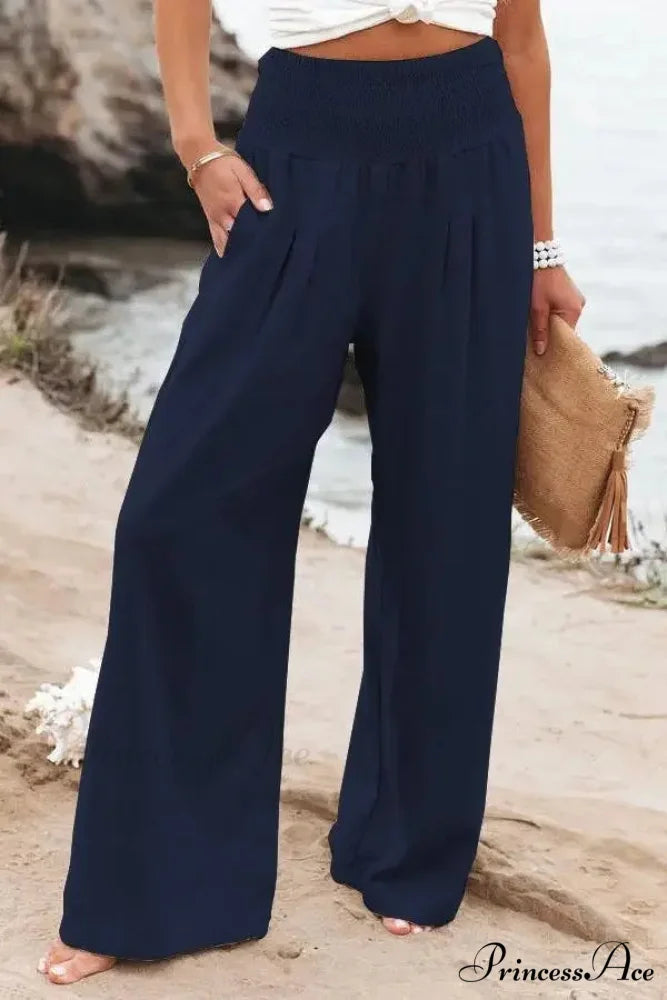 Informal Stretchy Waist Linen Broad Trousers
