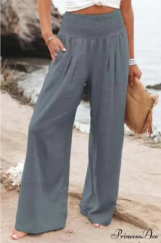 Informal Stretchy Waist Linen Broad Trousers