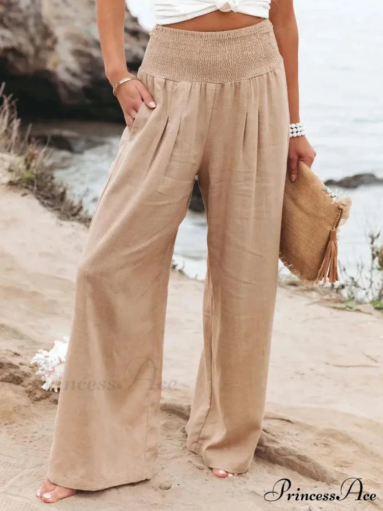 Informal Stretchy Waist Linen Broad Trousers