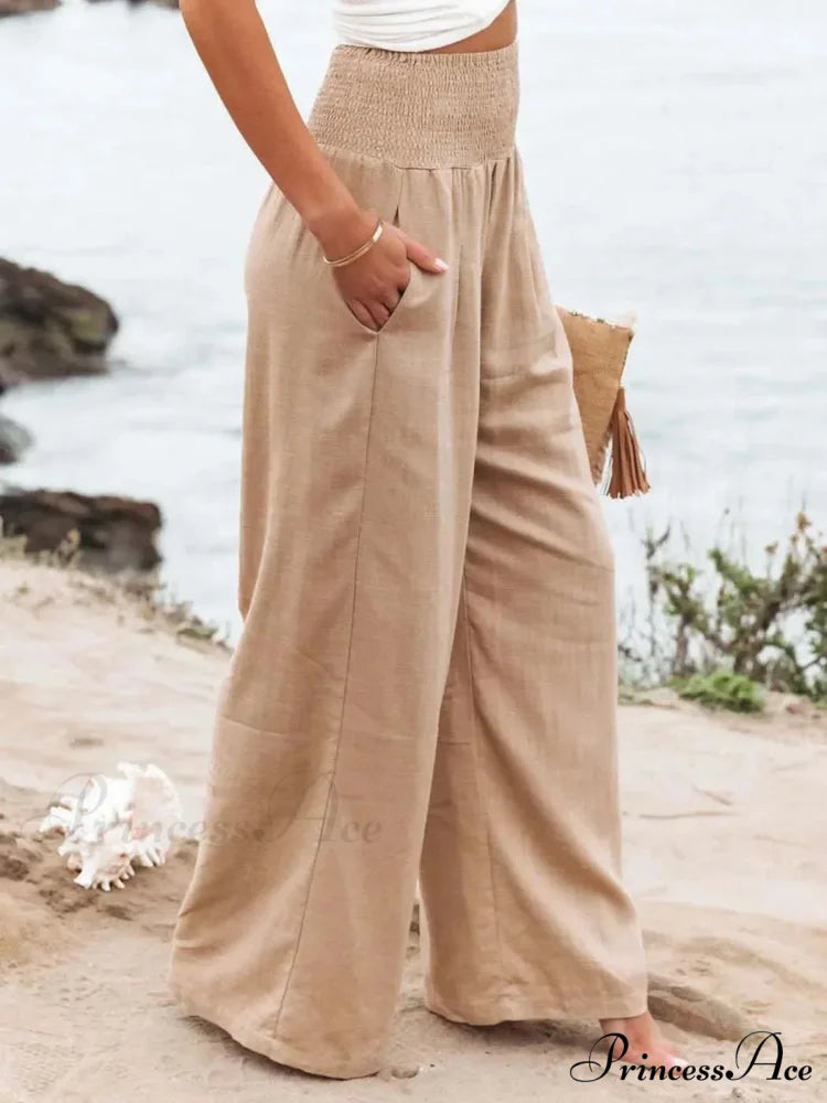 Informal Stretchy Waist Linen Broad Trousers
