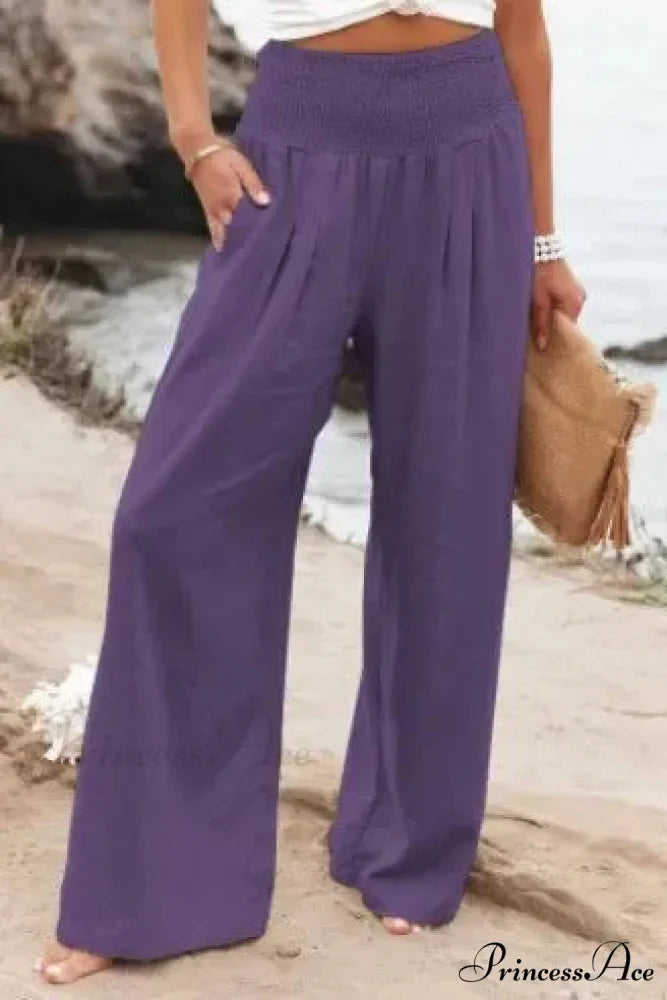 Informal Stretchy Waist Linen Broad Trousers