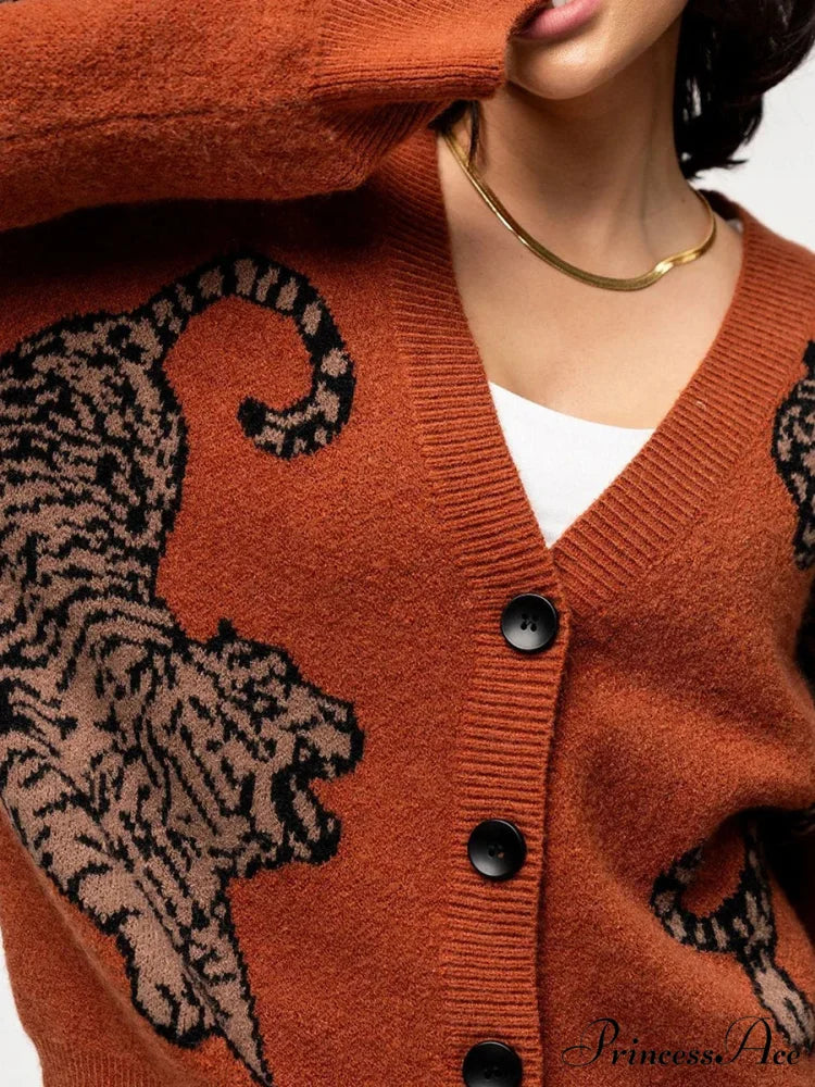 Informal Tiger Patterned Long Sleeve Cardigan