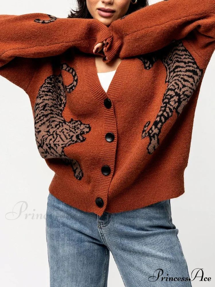 Informal Tiger Patterned Long Sleeve Cardigan