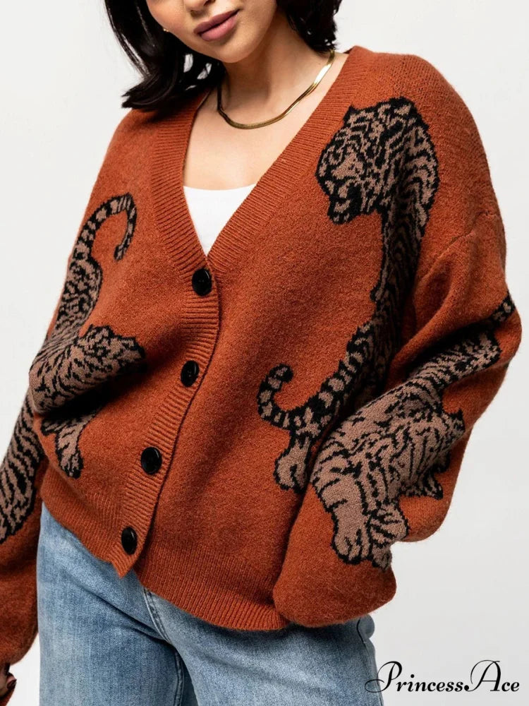 Informal Tiger Patterned Long Sleeve Cardigan
