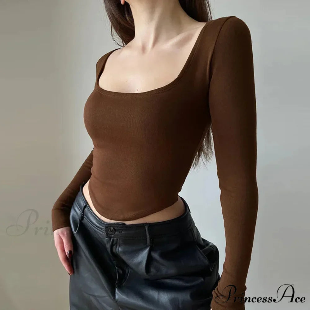 Informal U-neck Seductive Crop Brief Long Sleeve Knit Top