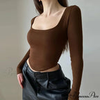 Informal U-neck Seductive Crop Brief Long Sleeve Knit Top