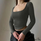 Informal U-neck Seductive Crop Brief Long Sleeve Knit Top
