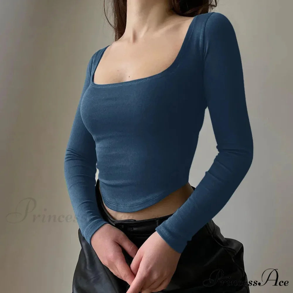Informal U-neck Seductive Crop Brief Long Sleeve Knit Top