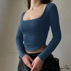 Informal U-neck Seductive Crop Brief Long Sleeve Knit Top
