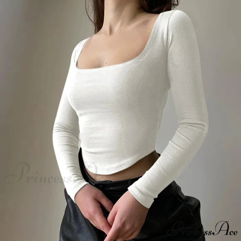 Informal U-neck Seductive Crop Brief Long Sleeve Knit Top