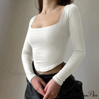 Informal U-neck Seductive Crop Brief Long Sleeve Knit Top