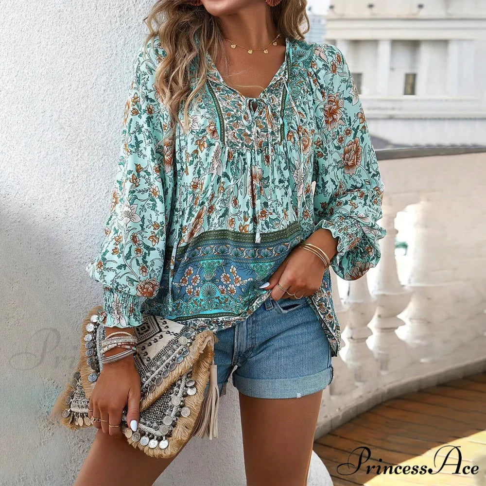 Informal V-Neck Flower Pattern Extended Sleeve Boho Top
