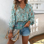 Informal V-Neck Flower Pattern Extended Sleeve Boho Top