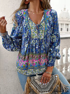 Informal V-Neck Flower Pattern Extended Sleeve Boho Top