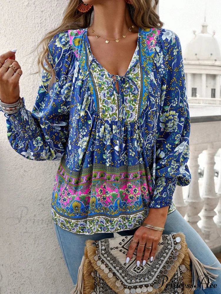 Informal V-Neck Flower Pattern Extended Sleeve Boho Top
