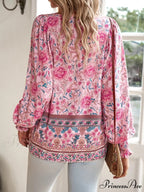 Informal V-Neck Flower Pattern Extended Sleeve Boho Top