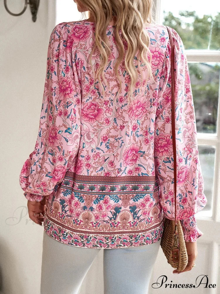 Informal V-Neck Flower Pattern Extended Sleeve Boho Top