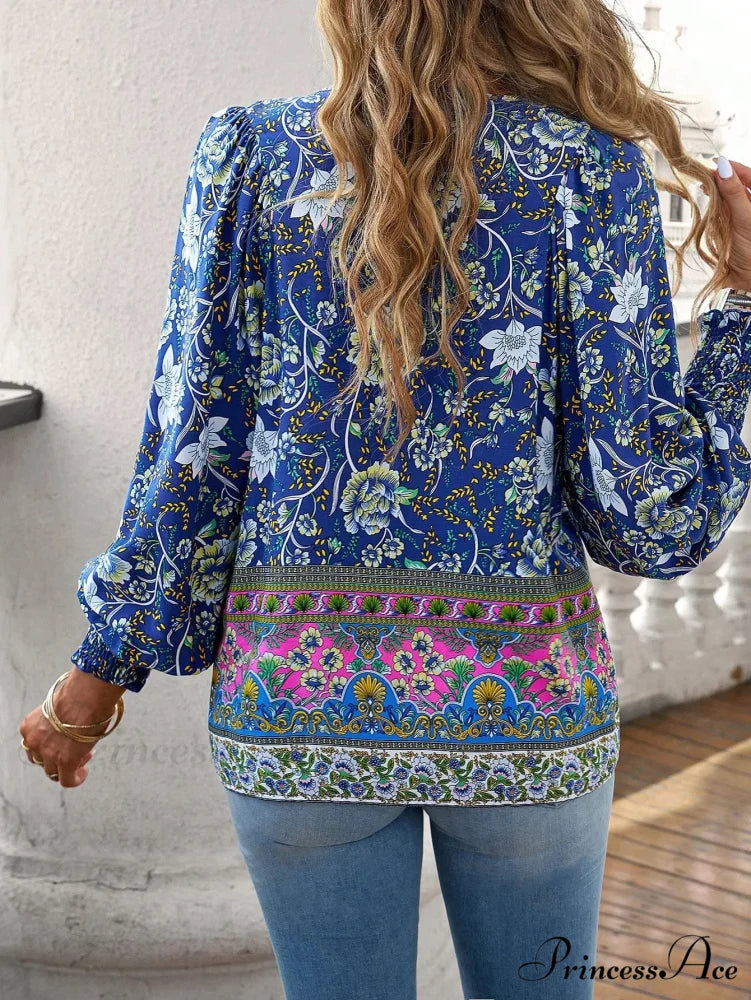 Informal V-Neck Flower Pattern Extended Sleeve Boho Top