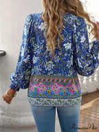Informal V-Neck Flower Pattern Extended Sleeve Boho Top