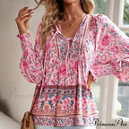 Informal V-Neck Flower Pattern Extended Sleeve Boho Top